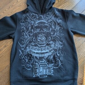 Vintage MMA Elite Y2K Dark Goth Grunge Mens Fleece Line Hoodie Size M Big Skull